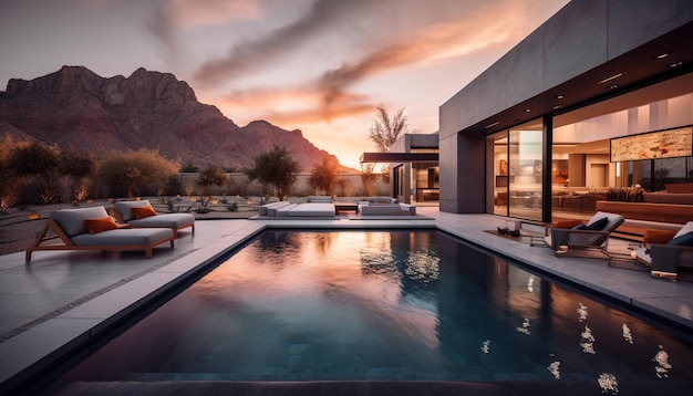 Luxe ontspanning bij het zwembad bij zonsondergang met een prachtig landschapsbeeld gegenereerd door AI