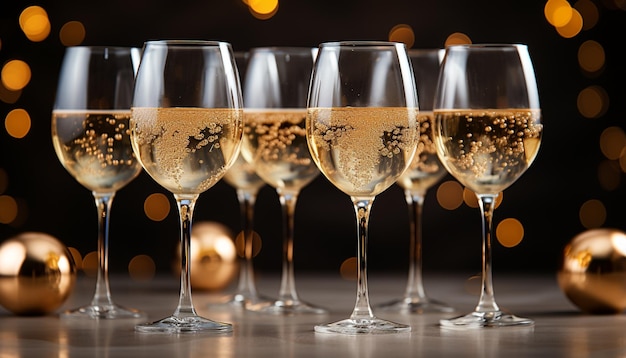 Luxe viering champagne wijnfeest elegante glas gouden achtergrond gegenereerd door kunstmatige intelligentie