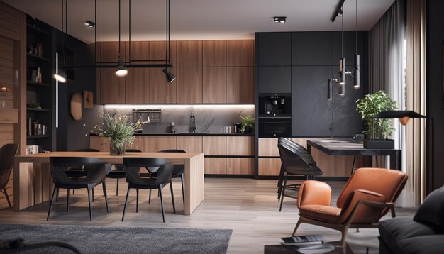 Luxe woonkeuken met elegant houten ontwerp gegenereerd door AI