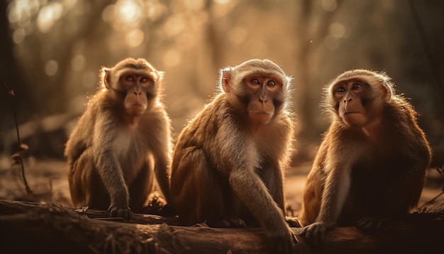 Macaque-familie zit in tropisch regenwoud en eet gegenereerd door AI