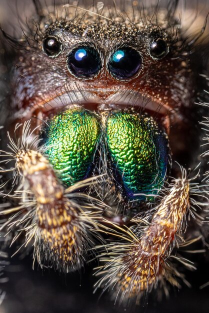 Macro-opname van een harige tarantula tegen een onscherpe achtergrond