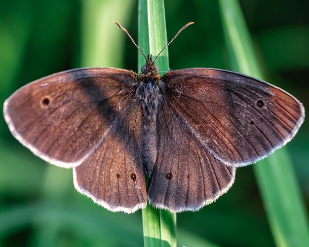 Gratis foto macrofoto van een ringlet vlinder op een blad buiten