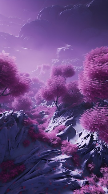Magisch en mystiek landschapsbehang in paarse tinten