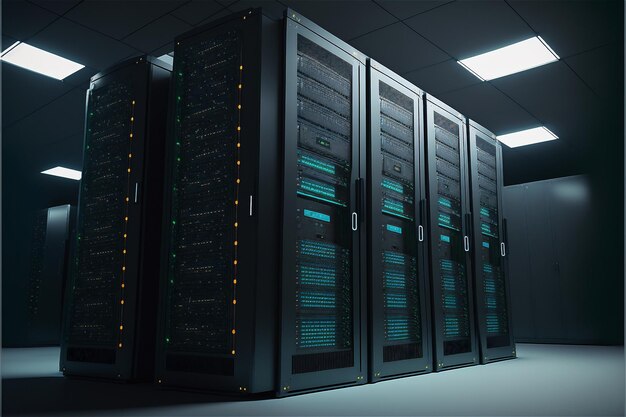 Mainframe-apparaten op rekken in de kamer met big data cyber internetinhoud Neonlicht cloud computing serverkast modern communicatieopslaghardwaresysteem
