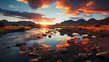 Gratis foto majestic bergketen weerspiegelt een rustige zonsondergang op het wateroppervlak gegenereerd door kunstmatige intelligentie