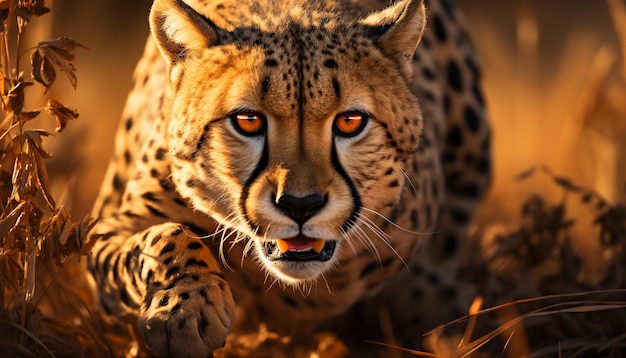 Majestic cheetah wilde schoonheid staren in de zonsondergang gegenereerd door kunstmatige intelligentie