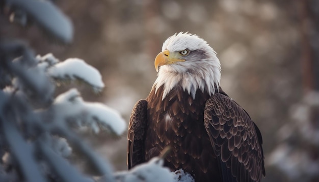 Gratis foto majestueuze amerikaanse zeearend die neerstrijkt op een besneeuwde tak gegenereerd door ai