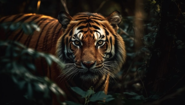 Gratis foto majestueuze bengaalse tijger die zich verstopt in de wildernis, gegenereerd door ai