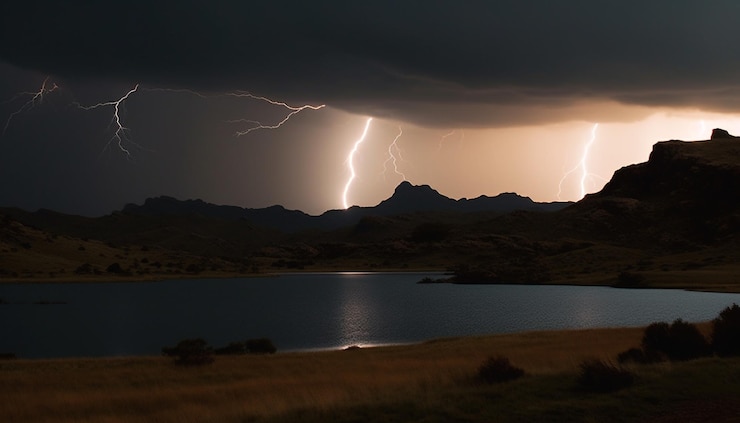 Gratis Foto majestueuze bergketen afgetekend tegen dramatische lucht gegenereerd door ai