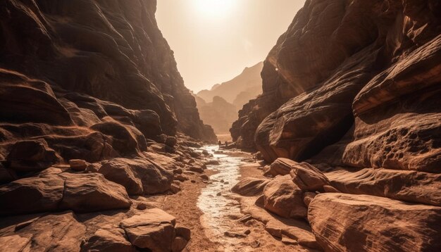 Majestueuze bergketen geërodeerde rotsformatie rustige scène gegenereerd door AI