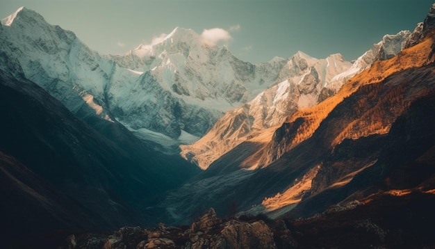 Majestueuze bergketen panoramische schoonheid in de natuur gegenereerd door AI