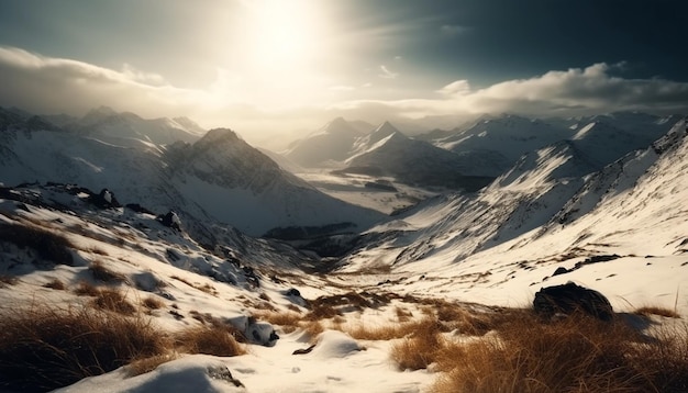 Majestueuze bergketen rustige scène bevroren schoonheid gegenereerd door AI