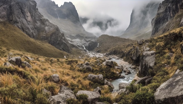 Gratis foto majestueuze bergketen rustige scène stromend water gegenereerd door ai