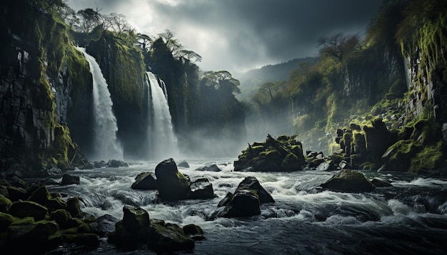 Majestueuze bergketen rustige waterval stromend water natuurlijke schoonheid gegenereerd door kunstmatige intelligentie