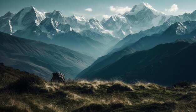 Majestueuze bergketen rustige weide panoramische schoonheid gegenereerd door AI