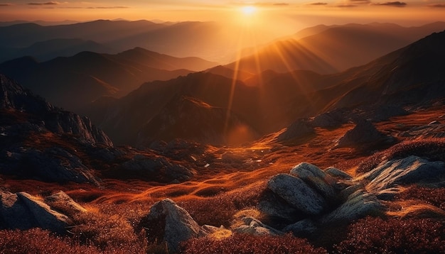 Majestueuze bergketen rustige weide panoramische zonsondergang natuurschoon gegenereerd door AI