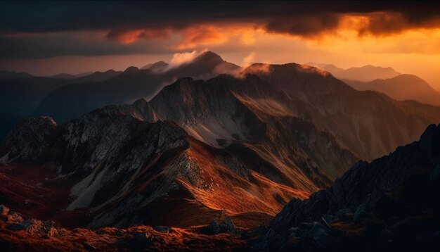 Majestueuze bergketen rustige zonsondergang silhouet gegenereerd door AI