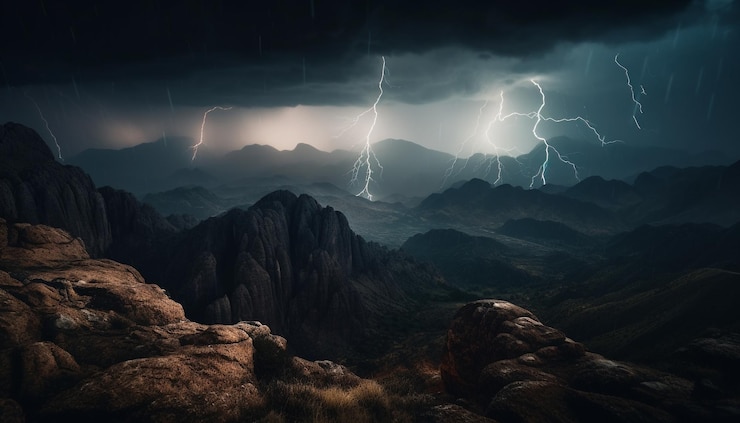Gratis Foto majestueuze bergketen spookachtige atmosfeer gevaar vooruit gegenereerd door ai