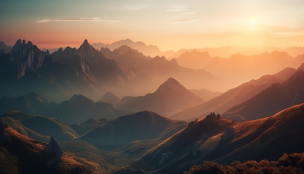 Majestueuze bergketen verlicht door zonsondergang gegenereerd door AI