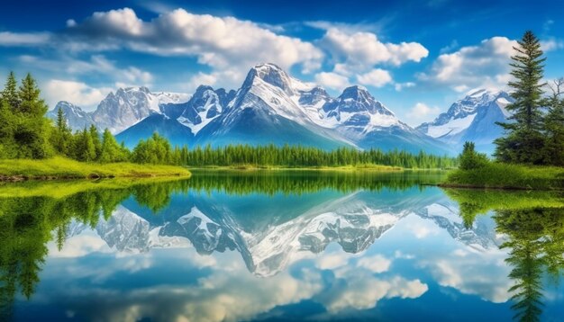 Majestueuze bergketen weerspiegelt in rustig water natuurlijke schoonheid in overvloed gegenereerd door AI