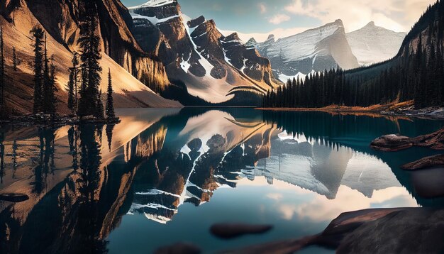 Majestueuze bergketen weerspiegelt natuurlijke schoonheid bij zonsopgang gegenereerd door AI