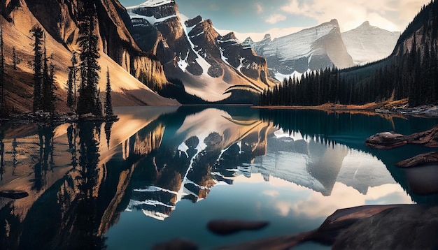 Majestueuze bergketen weerspiegelt natuurlijke schoonheid bij zonsopgang gegenereerd door AI