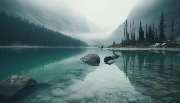 Majestueuze bergketen weerspiegelt rustige scène in water gegenereerd door AI