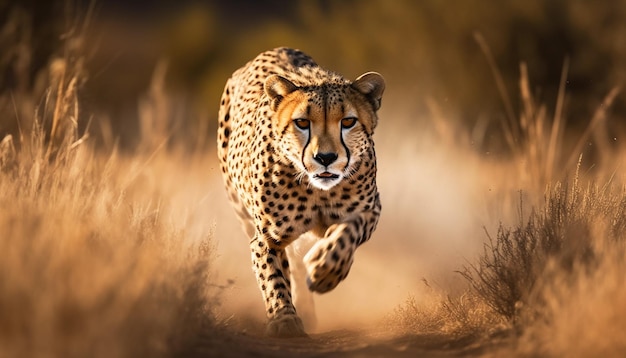 Majestueuze cheetah die in de savanne waakzaamheid in zijn ogen loopt, gegenereerd door AI