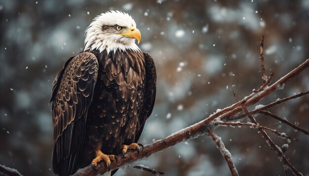 Gratis foto majestueuze kale adelaar die op besneeuwde tak generatieve ai neerstrijkt