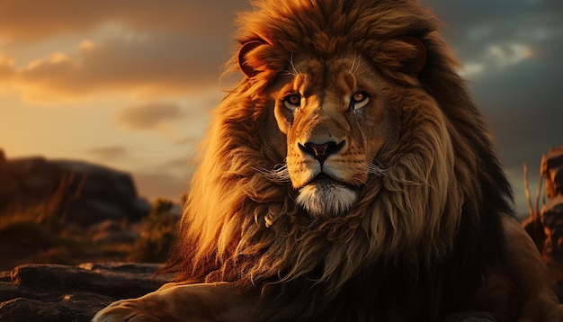 Majestueuze leeuwenkoning van de savanne rustend bij zonsondergang gegenereerd door kunstmatige intelligentie