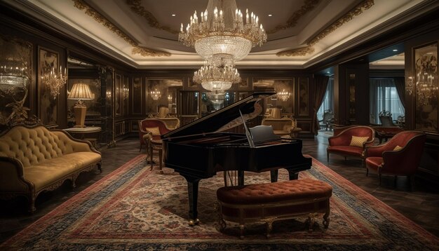 Majestueuze piano schittert in elegant interieur gegenereerd door AI