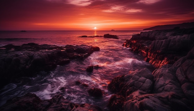 Gratis foto majestueuze zonsondergang over rustige wateren en rotsachtige kustlijn gegenereerd door ai