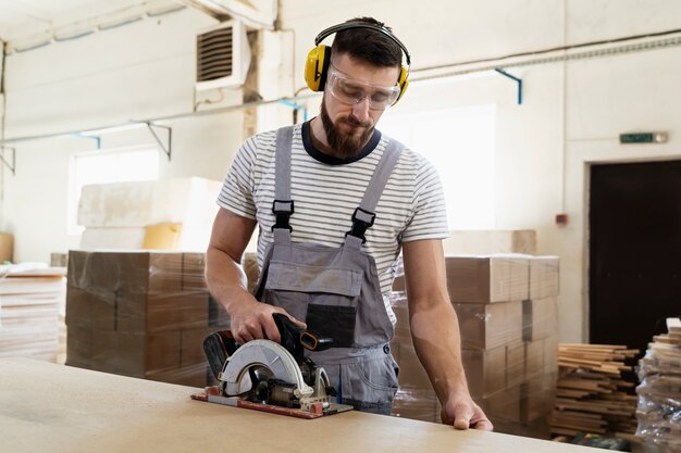 Man aan het werk aan het snijden van mdf-plaat