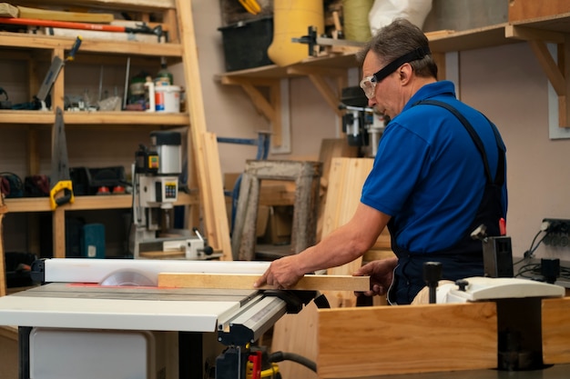 Gratis foto man aan het werk in zijn houtwinkel met gereedschap en uitrusting
