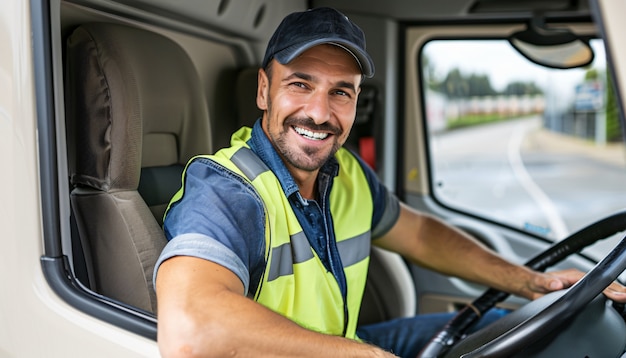 Gratis foto man die als vrachtwagenchauffeur werkt en zich voordoet als