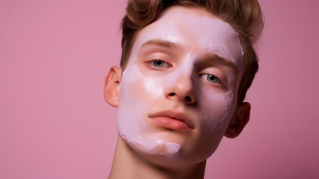 Gratis foto man die roze schoonheidsproduct op zijn gezicht gebruikt