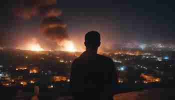 Gratis foto man die 's nachts naar de stad kijkt met rook uit een schoorsteen