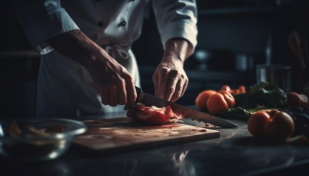 Man die verse biologische tomaat snijdt voor een gezonde maaltijd gegenereerd door AI