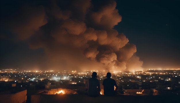 Gratis foto man en vrouw staan op het dak van een gebouw en kijken 's nachts naar de stad.