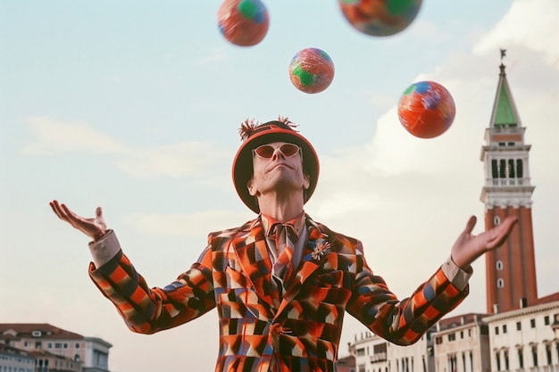 Gratis foto man geniet van het carnaval van venetië jongleren