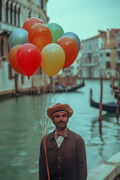 Gratis foto man geniet van het carnaval van venetië met ballonnen