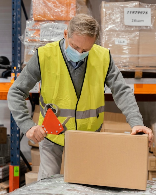 Man in magazijn werken met pakketten