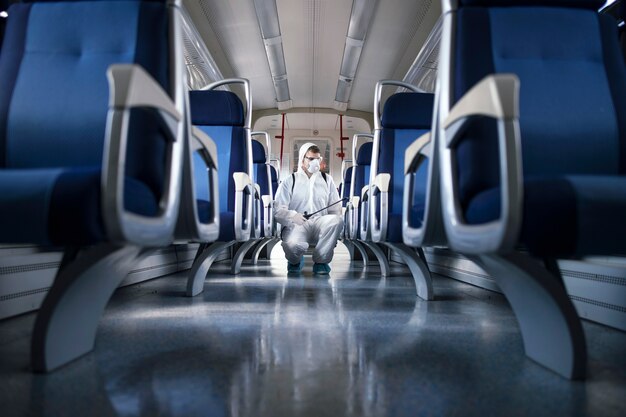 Man in wit beschermingspak desinfecteert en reinigt het interieur van de metro om de verspreiding van het zeer besmettelijke coronavirus te stoppen
