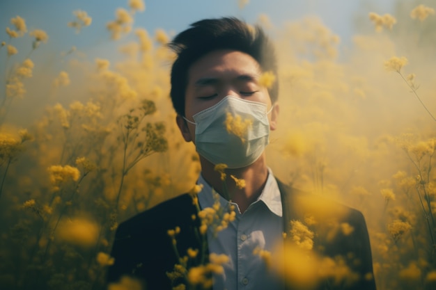 Man lijdt aan allergie door blootstelling aan bloempollen buiten