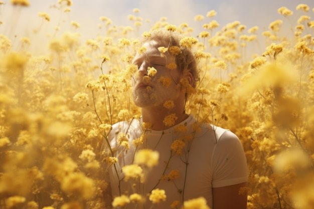 Gratis foto man lijdt aan allergie door blootstelling aan bloempollen buiten