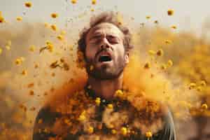 Gratis foto man lijdt aan allergie door blootstelling aan bloempollen buiten