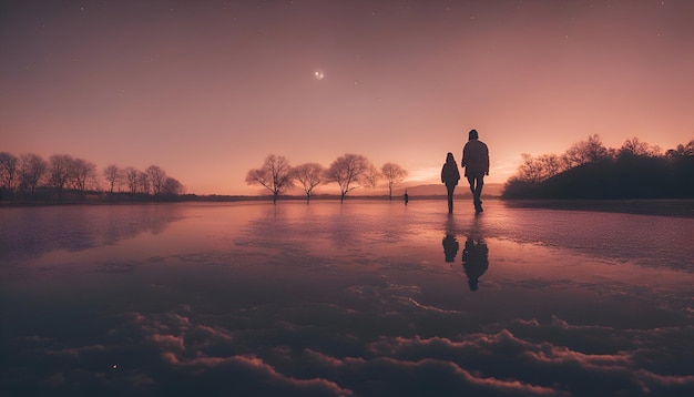 Gratis foto man loopt op het meer bij zonsondergang in de winter met een weerspiegeling in het water