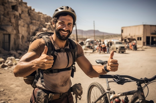 Man met een avontuurlijke ervaring tijdens het fietsen