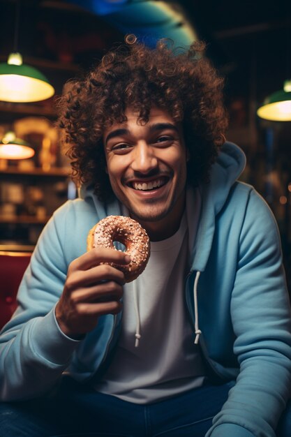 Man met een geglazuurde donut en glimlachend