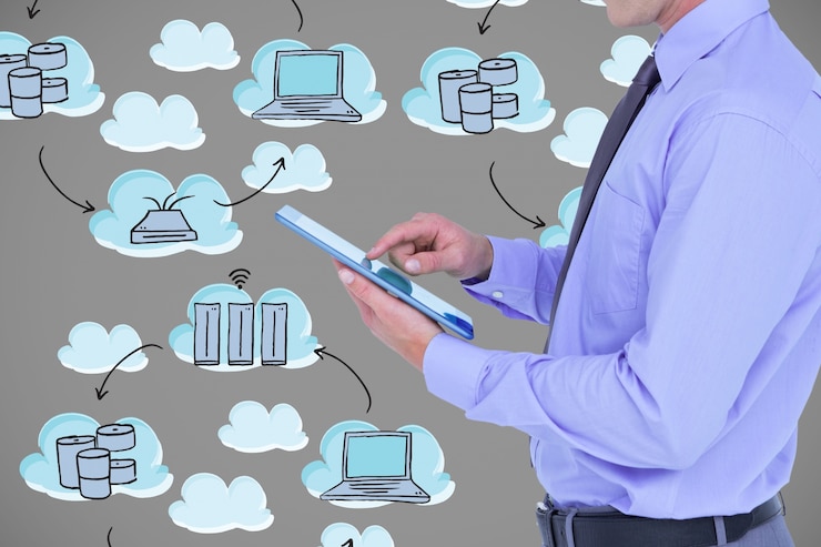Gratis Foto man met een tablet en de wolken achtergrond iconen